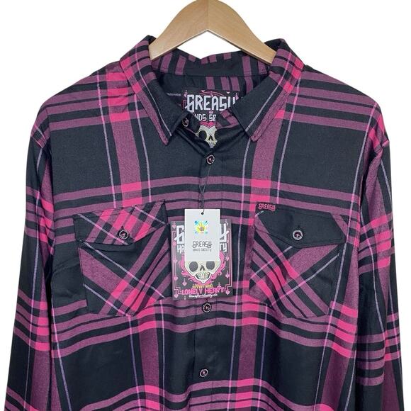 Greasy Hands Society Mens Pink Black Purple Button Up Flannel Shirt 2XLT Tall - Picture 2 of 10